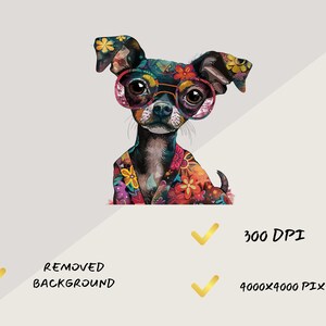 May include: A colorful illustration of a small dog wearing round pink glasses and a floral patterned shirt. The dog has black fur and brown eyes. The background is white.