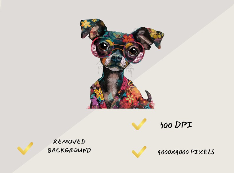 May include: A colorful illustration of a small dog wearing round pink glasses and a floral patterned shirt. The dog has black fur and brown eyes. The background is white.