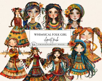 Whimsical Quirky Girl Clipart, Folk Girl Clipart, Quirky Girls Clipart, Boho Girl Clipart Bundle, Colorful Folk Girl Illustrations Clipart