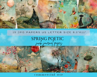 May include: 19 digital papers in a spring theme with watercolor illustrations of flowers, birds, and trees. The papers are 8.5 inches by 11 inches and are perfect for junk journaling.