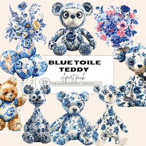 Blauwe toile-clipart, teddybeer-clipartpakket, aquarel teddybeer-clipart voor jongen, blauwe babyshower, beer met ballonnen, toile bloemen