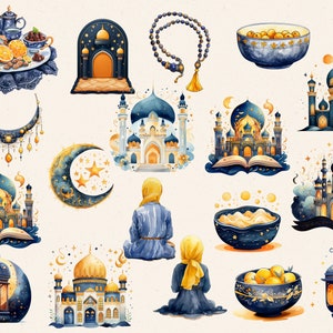 May include: Watercolor illustrations of Islamic religious symbols and architecture, including mosques, crescent moons, stars, lanterns, and prayer beads. The illustrations are in shades of blue, gold, and white.