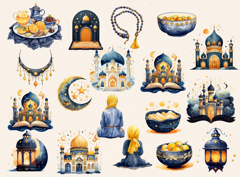 May include: Watercolor illustrations of Islamic religious symbols and architecture, including mosques, crescent moons, stars, lanterns, and prayer beads. The illustrations are in shades of blue, gold, and white.