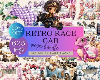 Retro Race Car Clipart, Mega Bundle, Baby Race Car Clipart, Race Car Driver Clipart, Race Car Birthday Boy Family Png, Vintage Race Cars Png