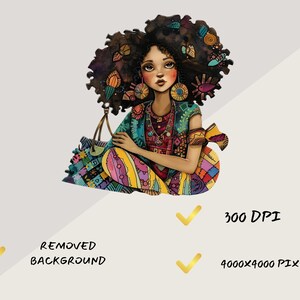 May include: Illustration of a seated figure with dark curly hair adorned with colorful accents. The figure wears a patterned top, pants, and jewelry, holding a bag. The image has a removed background and is 300 DPI, 4000x4000 pixels.