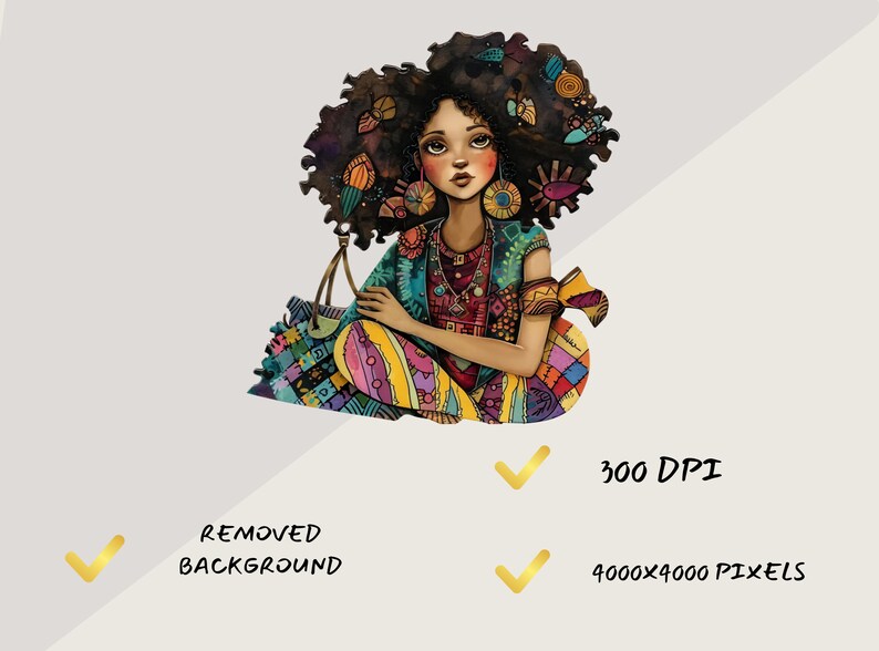 May include: Illustration of a seated figure with dark curly hair adorned with colorful accents. The figure wears a patterned top, pants, and jewelry, holding a bag. The image has a removed background and is 300 DPI, 4000x4000 pixels.