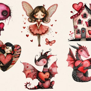 May include: A collection of watercolour illustrations featuring Valentine's Day themes. The image includes a red creature holding a heart, a fairy, a house, a woman in a heart, a dragon, and a butterfly, all with red and pink accents.