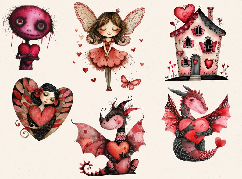 May include: A collection of watercolour illustrations featuring Valentine's Day themes. The image includes a red creature holding a heart, a fairy, a house, a woman in a heart, a dragon, and a butterfly, all with red and pink accents.