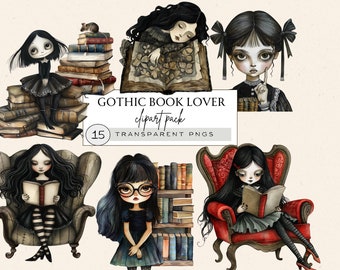Gothic Book Lover Clipart, Booklover Clipart, Girl Reading Book Clipart, Stacked Books Clipart, Book Of Life Clipart, Gothic Book Stack Png