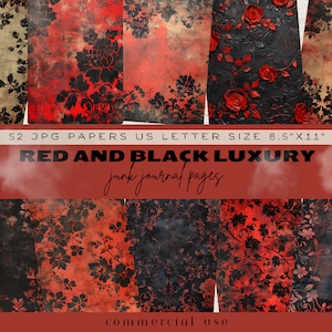 Red And Black Floral Junk Journal Pages, Gothic Red Rose Junk Journal, Gothic Roses Junk Journal,Vintage Red Digital Paper,Luxury Background