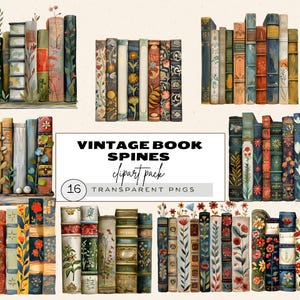 Imágenes prediseñadas de lomos de libros, paquete de imágenes prediseñadas para amantes de los libros, imágenes prediseñadas de borde de libro, libros antiguos, lomos de libros florales, libros coloridos, libro de bibliotecario