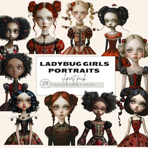 Clipart stravagante ragazza eccentrica, clipart ragazze eccentriche, bambola di carta clipart stravagante, acquerello Clipart coccinella, illustrazione ragazza coccinella