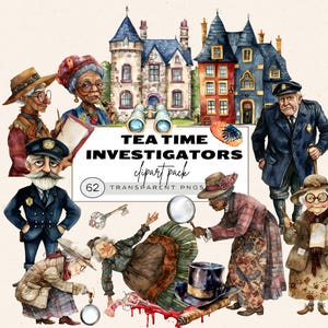 Funny Old Ladies Clipart, Watercolor Clipart Detective, Investigator Lady, Crazy Grandma, Junk Journal Ephemera, Junk Journal Kit Detective