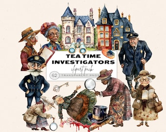 Funny Old Ladies Clipart, Watercolor Clipart Detective, Investigator Lady, Crazy Grandma, Junk Journal Ephemera, Junk Journal Kit Detective