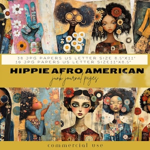 Pagina di diario spazzatura ragazza hippie, kit di diario spazzatura hippie, ragazza hippie afroamericana, diario spazzatura floreale, pagine di diario spazzatura boho, album di ritagli