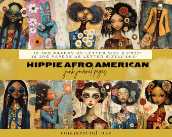 Hippie Girl Junk Journal Page, Hippie Junk Journal Kit, African American Hippie Girl, Floral Junk Journal, Boho Junk Journal Pages,Scrapbook