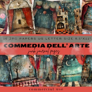 Commedia Dell' Arte Junk Journal Pages, Fondo digital, Papel digital, Páginas de teatro vintage, Comedia italiana, Página de diario basura escénica