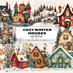 Vintage Christmas House Clipart, Quirky House Clipart, Whimsical Houses, Farm House Scene Png, House Warming Png, Winter Houses Clipart