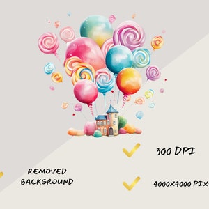 May include: Watercolor illustration of colorful lollipops and balloons floating above a small building. The lollipops are various sizes and colors, including pink, blue, and yellow. The building has a blue tower and a brown roof.