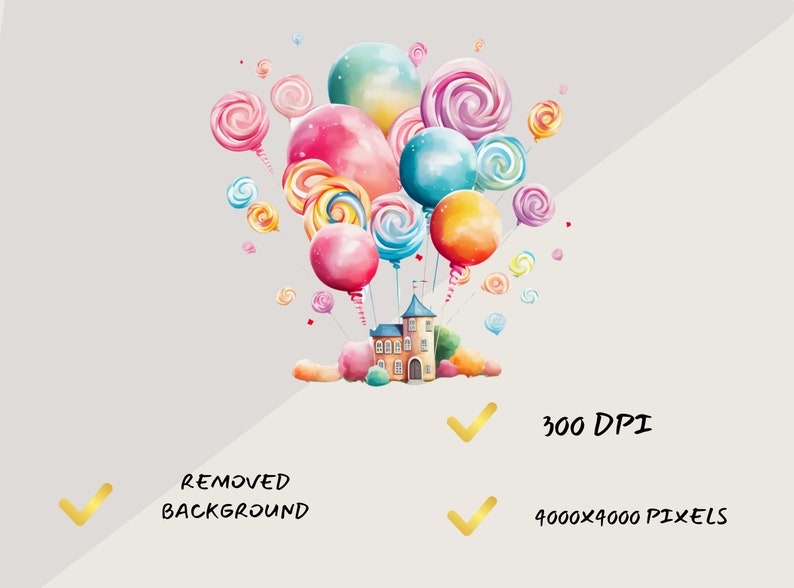 May include: Watercolor illustration of colorful lollipops and balloons floating above a small building. The lollipops are various sizes and colors, including pink, blue, and yellow. The building has a blue tower and a brown roof.