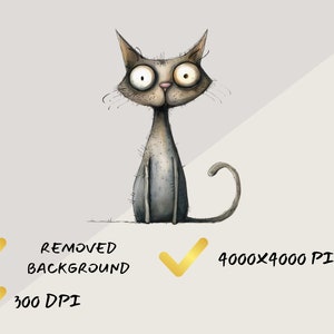 Puede incluir: Una ilustraci&oacute;n de dibujos animados de un gato gris con ojos grandes y abiertos y una expresi&oacute;n de sorpresa. El gato est&aacute; sentado con la cola enroscada alrededor de su cuerpo. El fondo es de color gris claro.