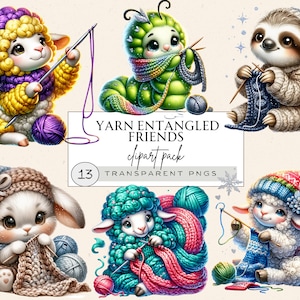 Clipart Stricktiere, Aquarell Stricken Clipart, Cute Baby Faultier Clipart, Garnball Png, Stricktiere Clipart, Ostern Clipart