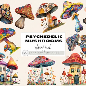 Magic Mystical Mushrooms Clipart Bundle, Mushroom House Clipart, Hippie Mushroom Illustration, Commercial Use, Psychedelic Mushroom, Vibrant