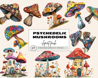 Paquete de imágenes prediseñadas de setas místicas mágicas, imágenes prediseñadas de la casa de setas, ilustración de setas hippie, uso comercial, setas psicodélicas, vibrantes