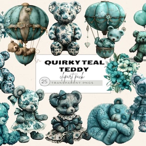 Blauwe teddybeer, groenblauw bloemen clipart, groenblauw bloemboeket, toile de jouy clipart, jongen baby shower clipart, turkoois teddy, commercieel gebruik