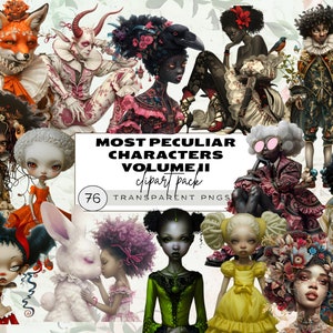 Clipart caprichoso de garota peculiar, clipart de pessoas peculiares, diário de lixo afro-americano, coisas efêmeras caprichosas, personagens barrocos, garotas caprichosas