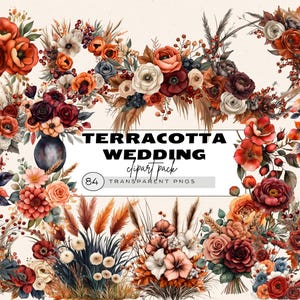 Clipart floral terre cuite, clipart mariage terre cuite, faire-part de mariage bleu marine et terre cuite, clipart bouquet terre cuite, mariage Bohème