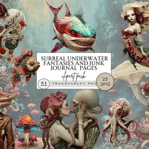 Clipart surreale, clipart sottomarina, clipart barriera corallina, kit diario spazzatura oceanica, kit diario spazzatura nautico, sotto il mare acquerello clipart