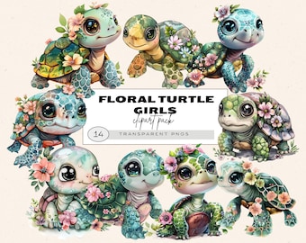 Baby Turtle With Flowers Clipart, Baby Sea Turtle Clipart, Turtle Birthday Clipart, Watercolor Turtle Clipart, Floral Baby Turtle, Flowers