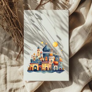 May include: A watercolor painting of a whimsical city with colorful buildings, domes, and towers. The city is set against a light blue sky with a yellow moon and stars.