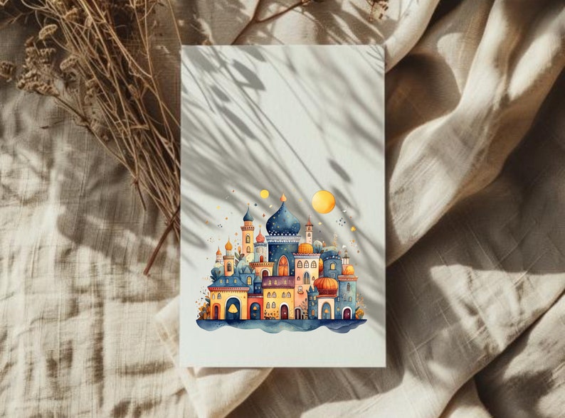 May include: A watercolor painting of a whimsical city with colorful buildings, domes, and towers. The city is set against a light blue sky with a yellow moon and stars.