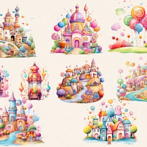 May include: Watercolor illustrations of whimsical candy castles, lollipops, and colorful lanterns. The images feature pastel colors, creating a dreamy and playful aesthetic. The artwork evokes a sense of fantasy and childlike wonder, perfect for children's decor or themed events.