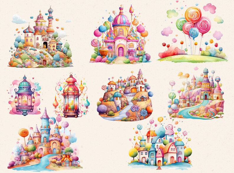 May include: Watercolor illustrations of whimsical candy castles, lollipops, and colorful lanterns. The images feature pastel colors, creating a dreamy and playful aesthetic. The artwork evokes a sense of fantasy and childlike wonder, perfect for children's decor or themed events.