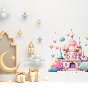 May include: A whimsical illustration featuring a pastel-colored castle with colorful balloons and decorative elements. Gold lanterns, stars, and a crescent moon add to the festive design. The image has a 3D rendering style.