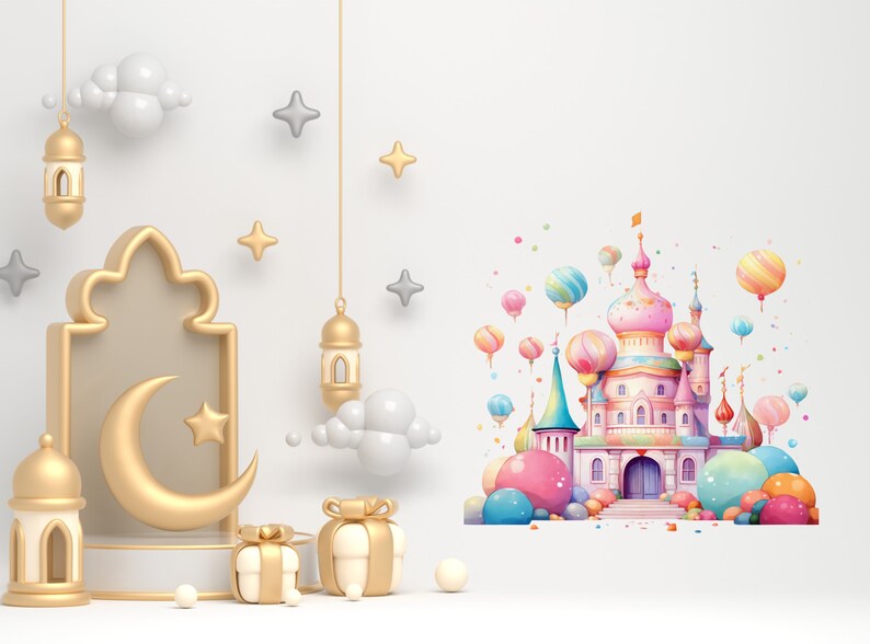 May include: A whimsical illustration featuring a pastel-colored castle with colorful balloons and decorative elements. Gold lanterns, stars, and a crescent moon add to the festive design. The image has a 3D rendering style.