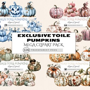 Może przedstawiać: Pakiet cyfrowych obrazków clipart z 120 dyni w stylu toile w czterech kolorach: niebieskim, różowym, szałwiowym i kości słoniowej. Każda dynia ma inny wzór toile i zawiera różne rozmiary i kształty. Pakiet clipart jest idealny do projektów rękodzielniczych, scrapbookingu i projektowania graficznego.