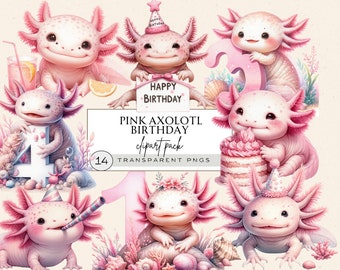 May include: A collection of pink axolotl illustrations with birthday themes. The images include axolotls with party hats, holding numbers, and a sign that says "Happy Birthday". The text "Pink Axolotl Birthday clipart pack" is also included.