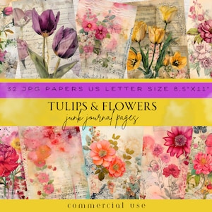 Spring Tulips Junk Journal, Tulip Floral Paper, Spring Digital Paper, Pastel Pink Floral, Commercial Licence, Digital Download, Romantic
