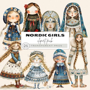 Cliparts de style nordique, des cliparts Art folklorique scandinave, des cliparts Hygge, fantaisiste des cliparts fille insolite, clipart filles art folklorique, fille nordique Png