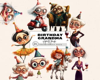 Quirky Birthday Woman Clipart, Old Lady Watercolor Clipart, Funny Old Lady Png, Crazy Grandma Image, Grandmother Gift, Whimsical Grannie Png