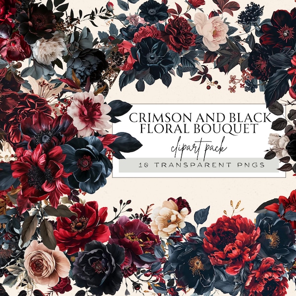 Floral Clipart Classic Wedding, Burgundy Flower Clipart, Moody Florals Clipart, Magenta Flowers Clipart, Dark Fantasy Flower Clipart, Bundle