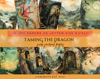 May include: 21 digital papers featuring a fantasy theme with images of dragons, castles, and landscapes. The papers are 8.5 inches by 11 inches and are labeled "Taming the Dragon, junk journal pages, commercial use".