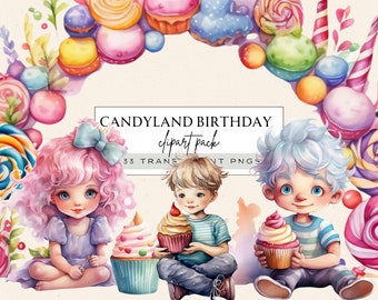 Candyland png, Candyland Cumpleaños png, Cumpleaños Frontera png, Victorian Little Girl Clipart, Pastel Acuarela cupcake png, Pastel House