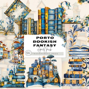 Puede incluir: Un paquete de clipart digital de 64 imágenes que presenta una ciudad ilustrada y caprichosa con edificios, puentes y árboles. La ciudad está construida sobre libros abiertos, y las imágenes están en un estilo acuarela con tonos azules, amarillos y dorados. El texto "PORTO BOOKISH FANTASY clipart pack 64 TRANSPARENT PNGS" está incluido en la imagen.