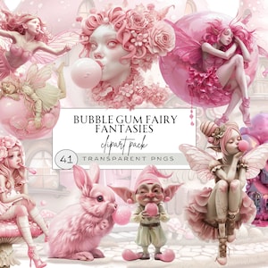 Clipart jardin féerique rose, chewing-gum des cliparts, clipart jardin féerique aquarelle, fille bubble-gum, clipart fée bubble-gum, fée fantastique