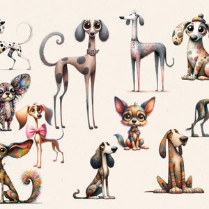 K&ouml;nnte beinhalten: Eine Sammlung von zehn illustrierten Hunden mit bunten Mustern und Designs. Die Hunde sind in verschiedenen Posen, darunter sitzend, stehend und liegend. Die Illustrationen sind in einem skurrilen Stil mit leuchtenden Farben und kr&auml;ftigen Linien gehalten.